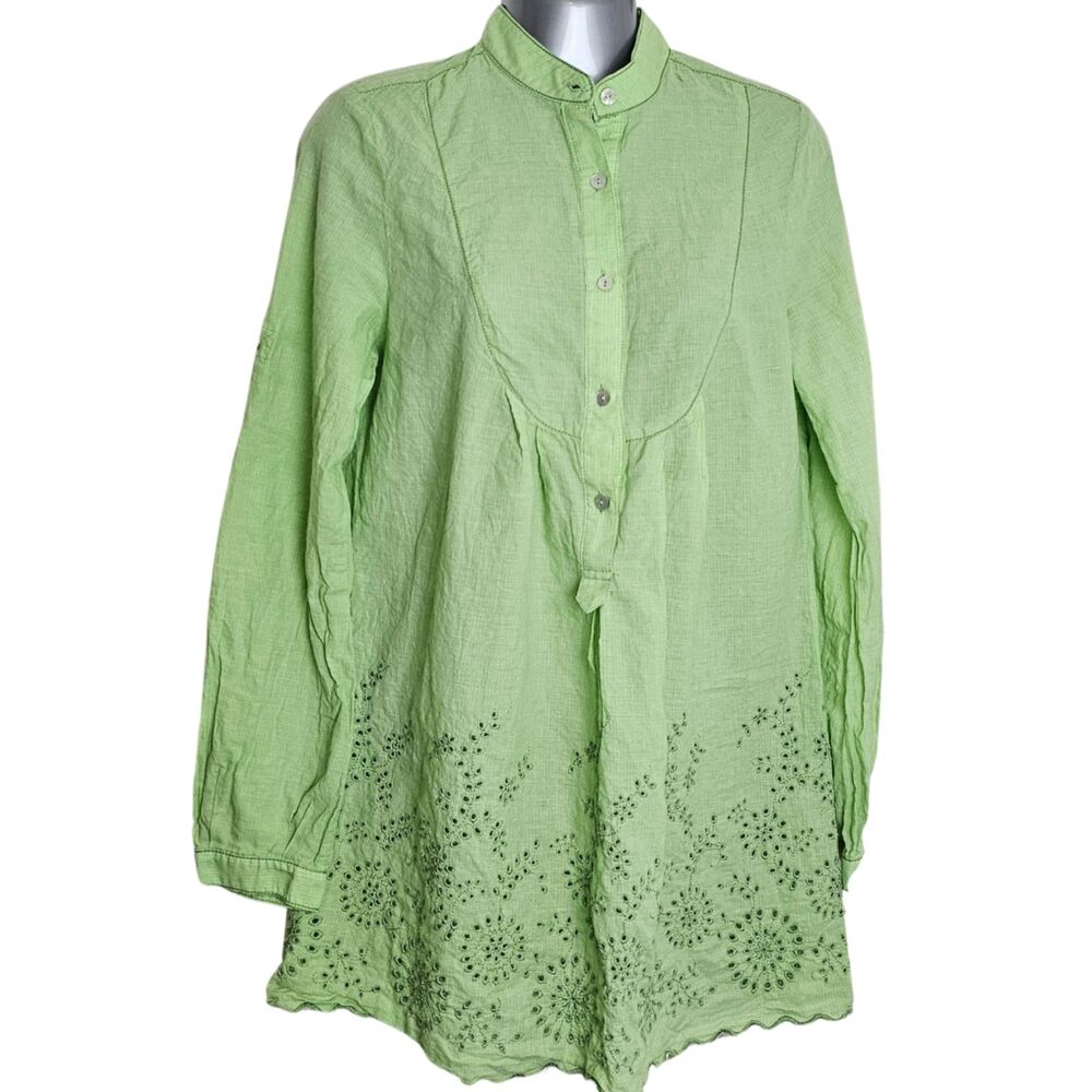 SOPHIE MAX 100% Cotton Tunic Light Green Long Sleeve Flowy Lagenlook Eyelet